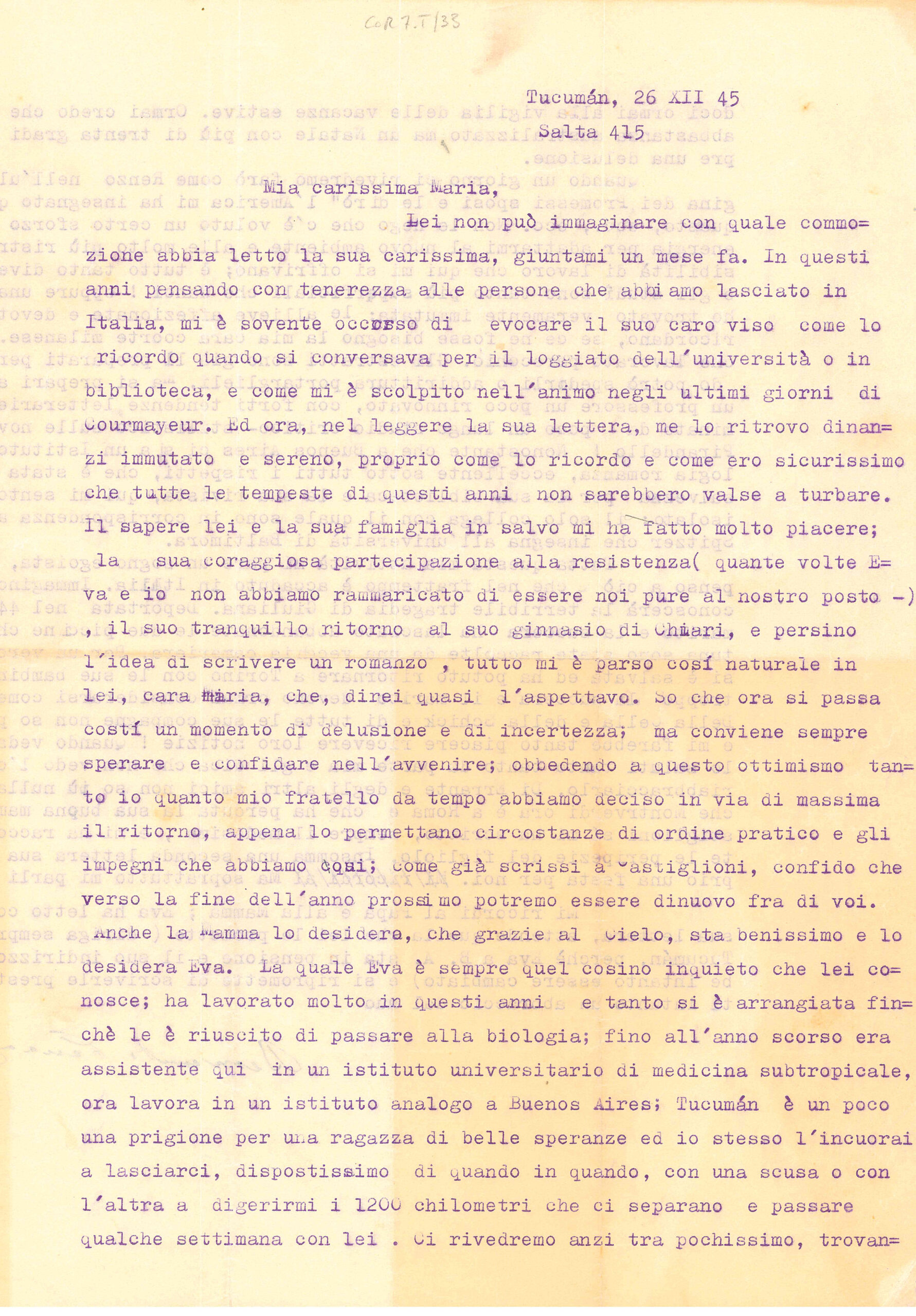 Lettera di Benvenuto Terracini dall’Argentina (26 dicembre 1945) - recto