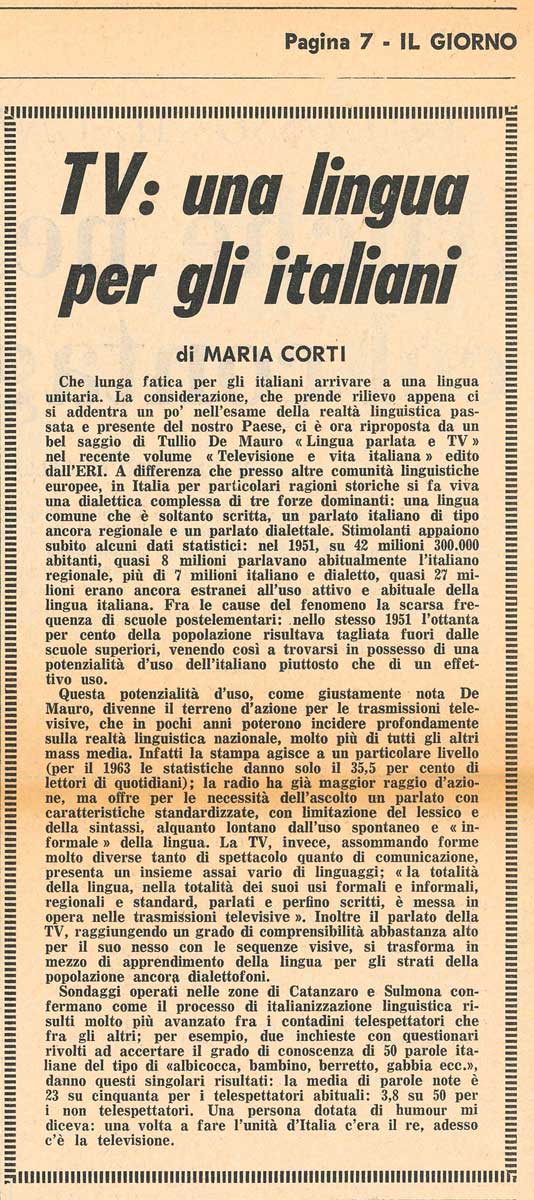 Da «Il Giorno», TV: una lingua per gli italiani, 19 marzo 1969