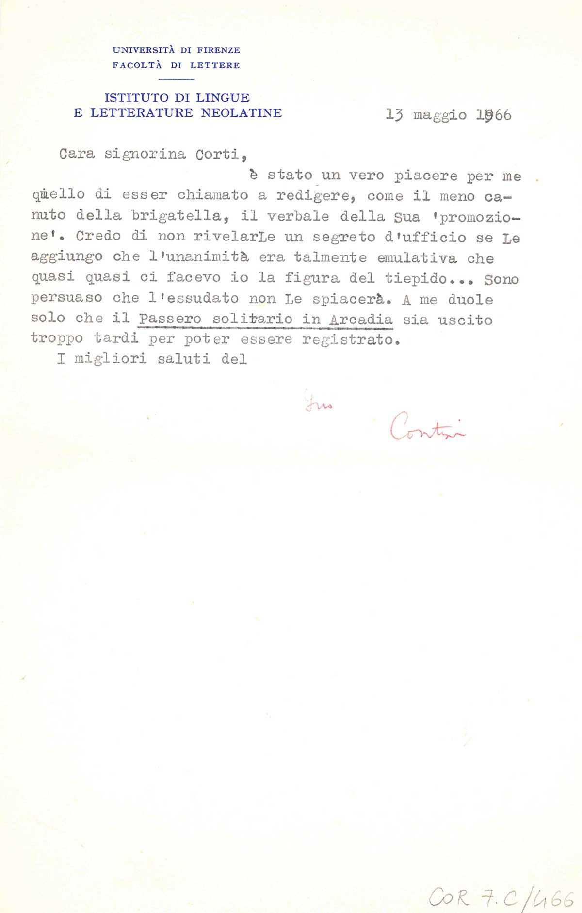 Lettera di Gianfranco Contini (Firenze, 13 maggio 1966)